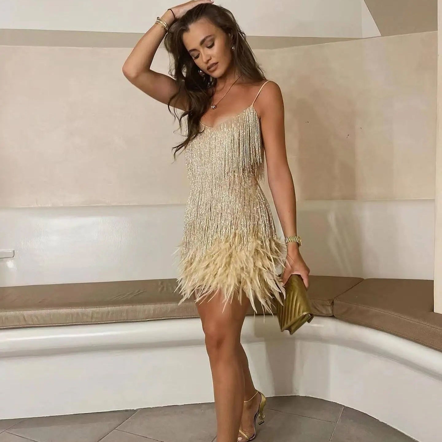 Teressa Feather Tassel Sequin Mini Dress - GOLD/S - SALE