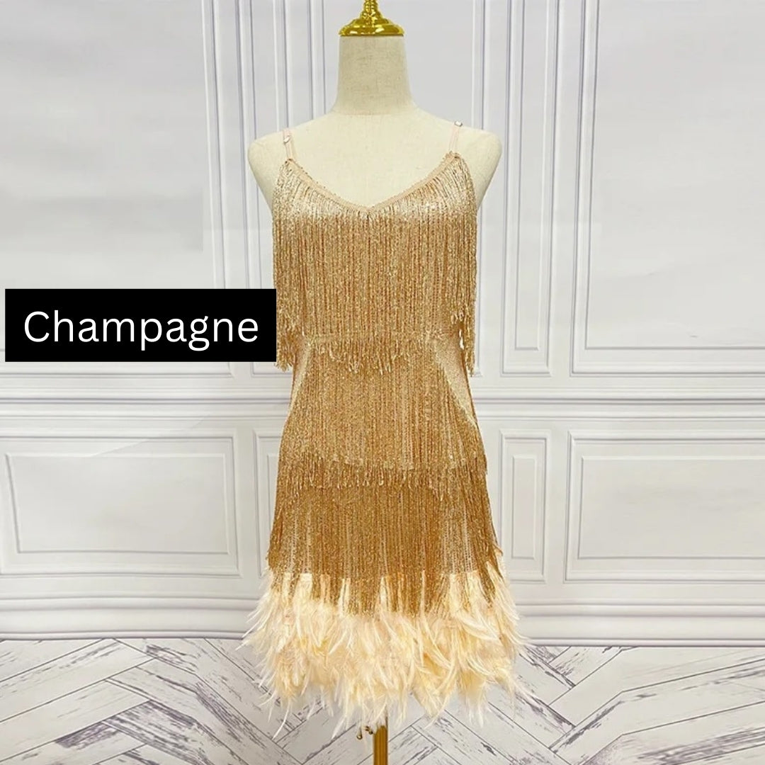 Teressa Feather Tassel Sequin Mini Dress - GOLD/S - SALE