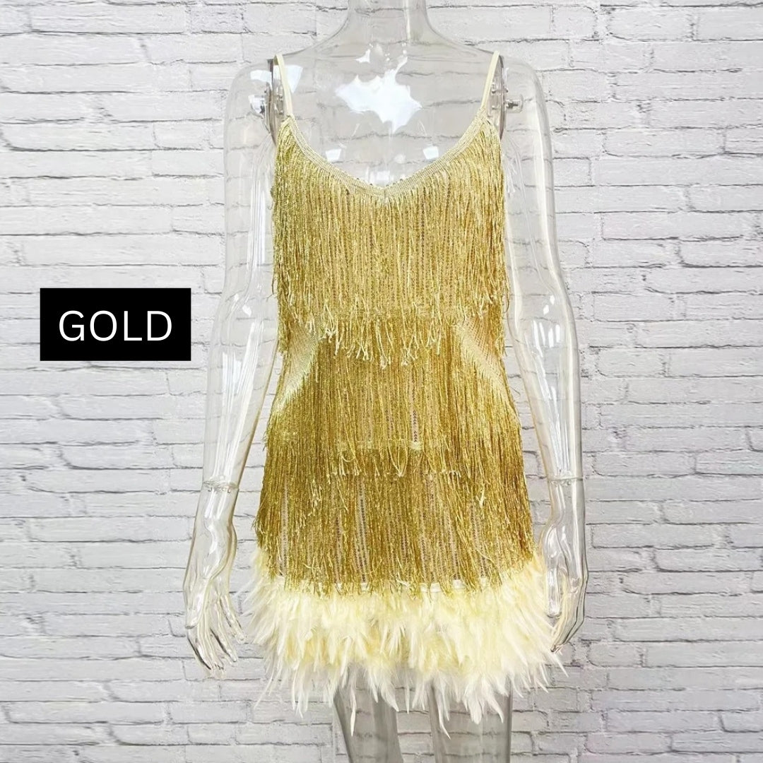 Teressa Feather Tassel Sequin Mini Dress - GOLD/S - SALE