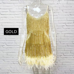 Teressa Feather Tassel Sequin Mini Dress - GOLD/S - SALE