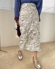 Thelma Crinkle Silver Metallic Skirt