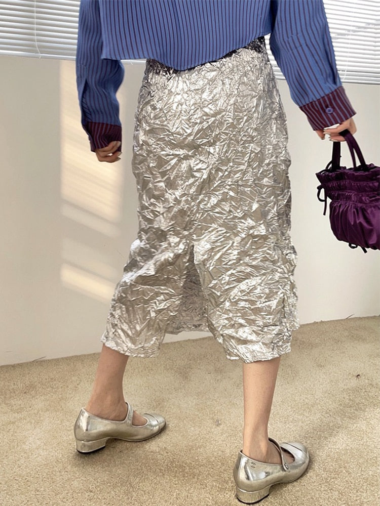 Thelma Crinkle Silver Metallic Skirt