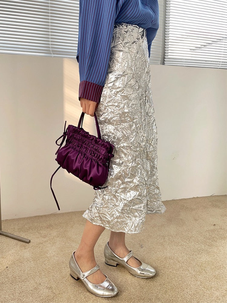 Thelma Crinkle Silver Metallic Skirt