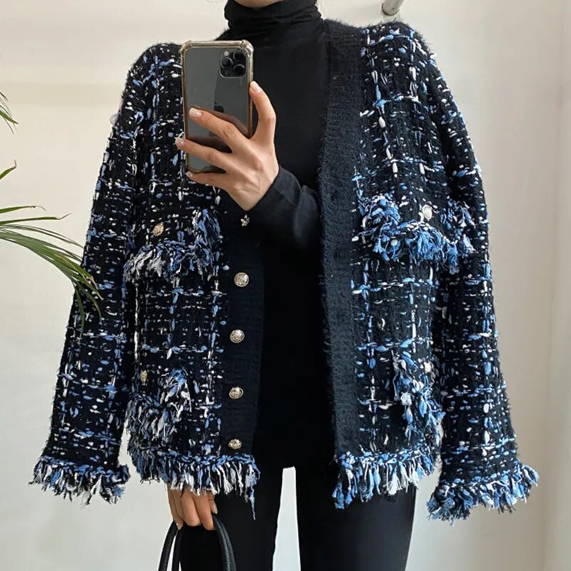 Tweed Plaid Fringe Cardigan Jacket - 2 Colors