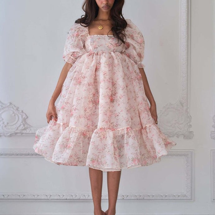 Valencia Ruffle Organza Baby Doll Dresses - Pink Floral XL