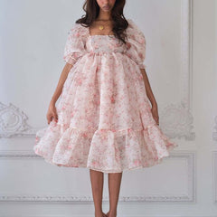 Valencia Ruffle Organza Baby Doll Dresses - Pink Floral XL
