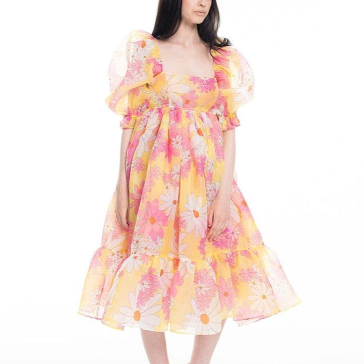 Valencia Ruffle Organza Baby Doll Dresses - Pink Floral XL