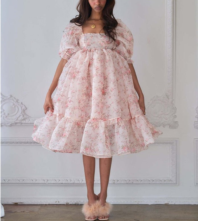 Valencia Ruffle Organza Baby Doll Dresses - Pink Floral XL