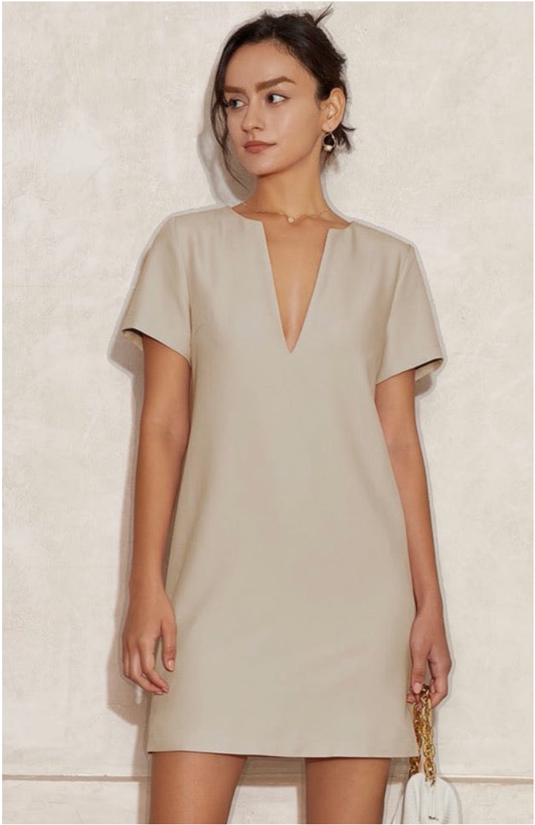 Vanessa V-Neck Solid Tunic Mini Dress - Khaki S/M