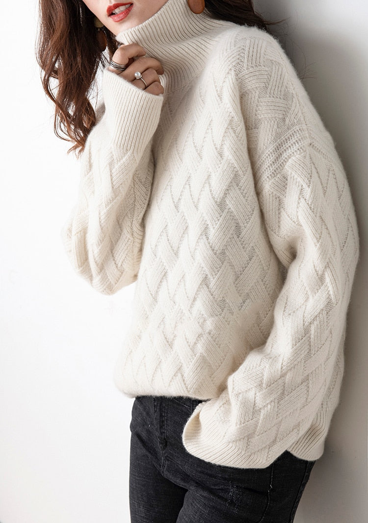 Vera Cable Cashmere Turtleneck Sweaters, White/S - SALE