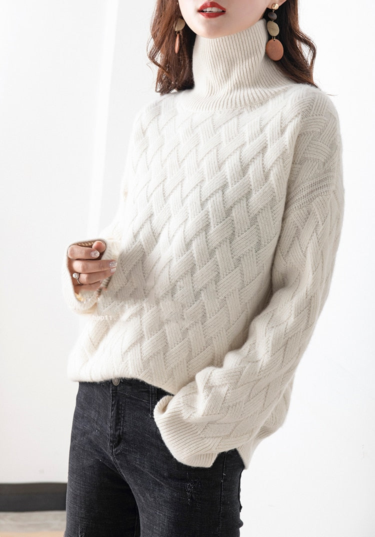 Vera Cable Cashmere Turtleneck Sweaters, White/S - SALE