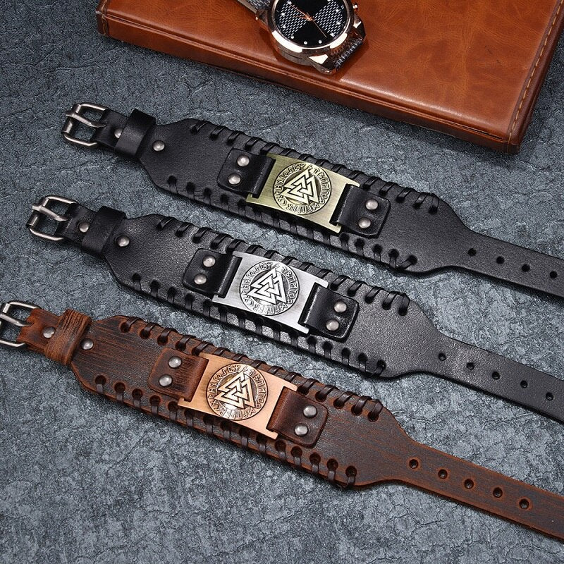 Viking Totem Wide Leather Bracelet