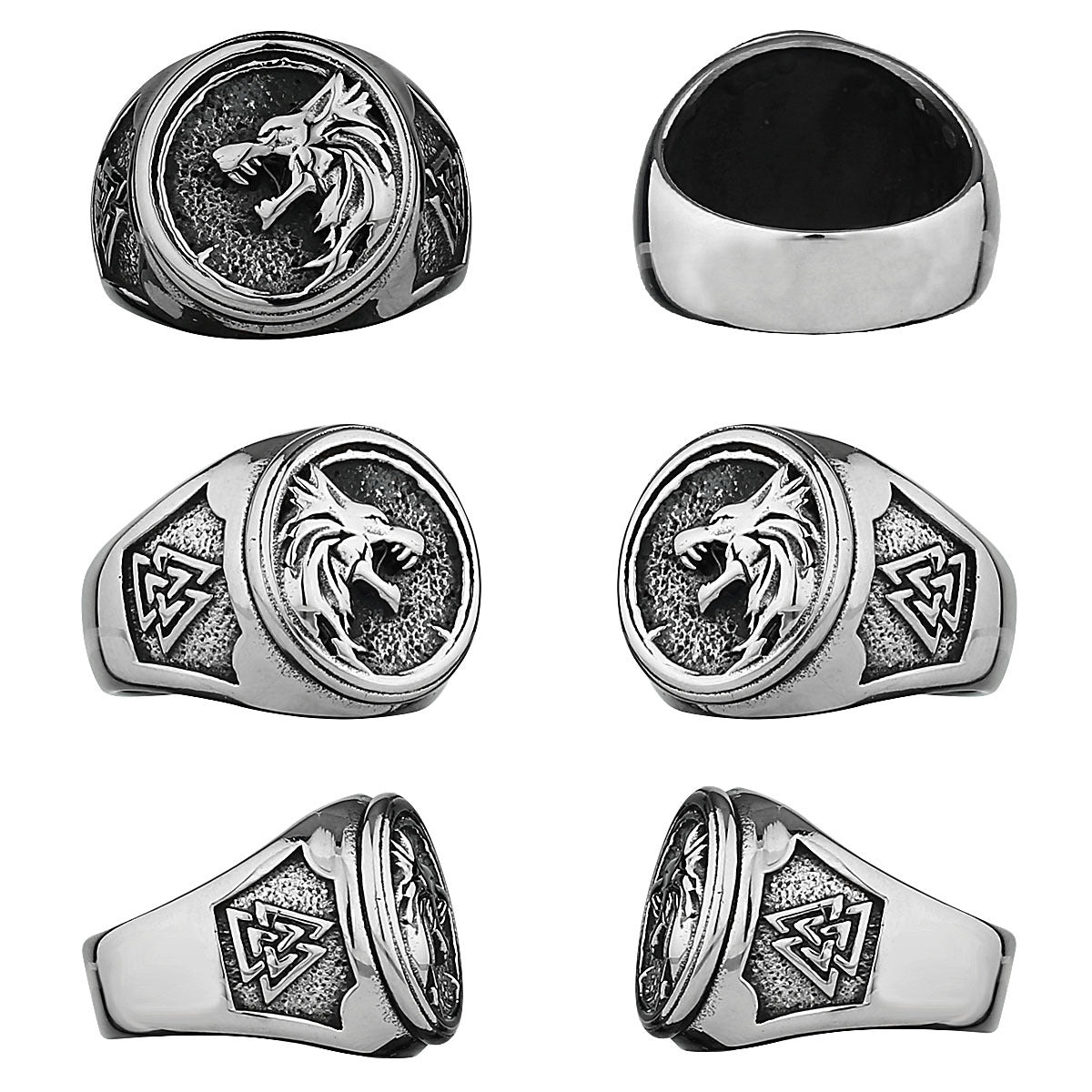 Viking Warrior Wolf Head Rune Ring