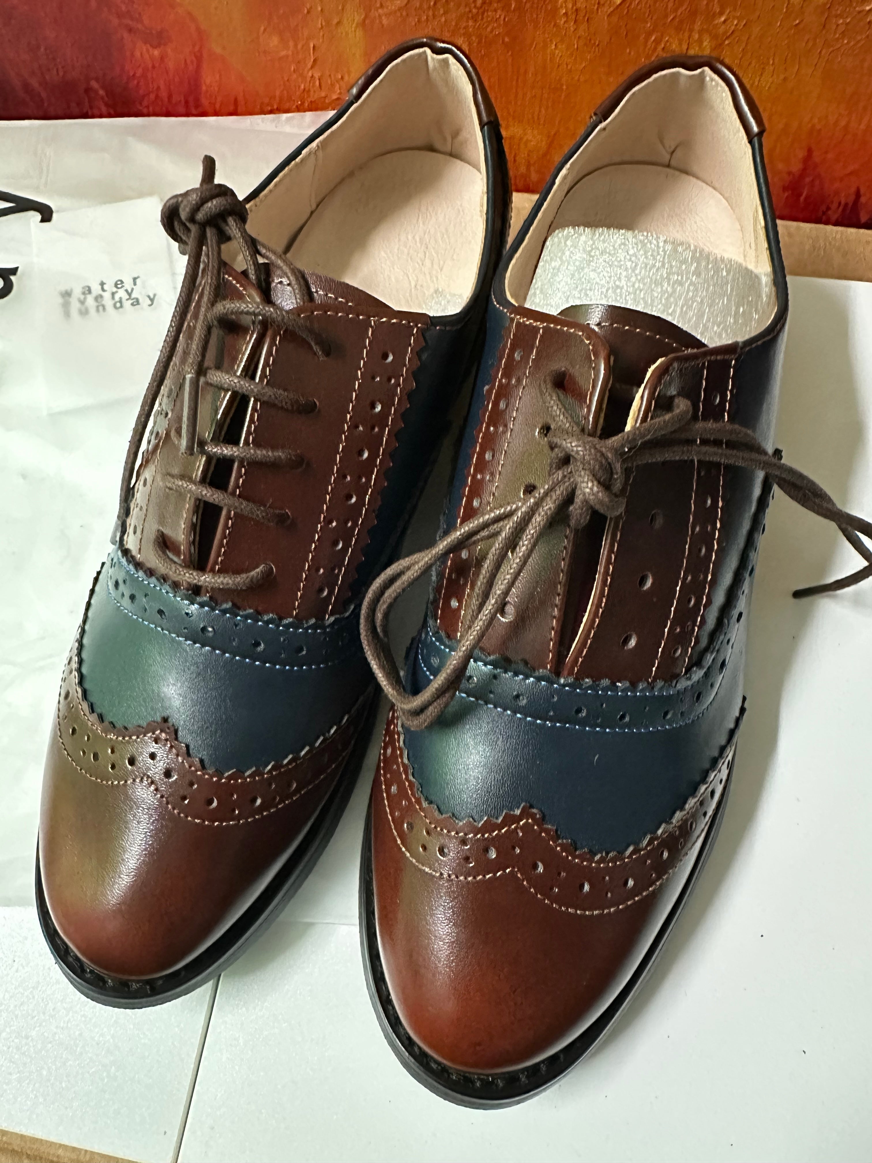 Vintage Genuine Leather Oxford Brogues - Wine Red Blue/40/US 8-8.5 - SALE