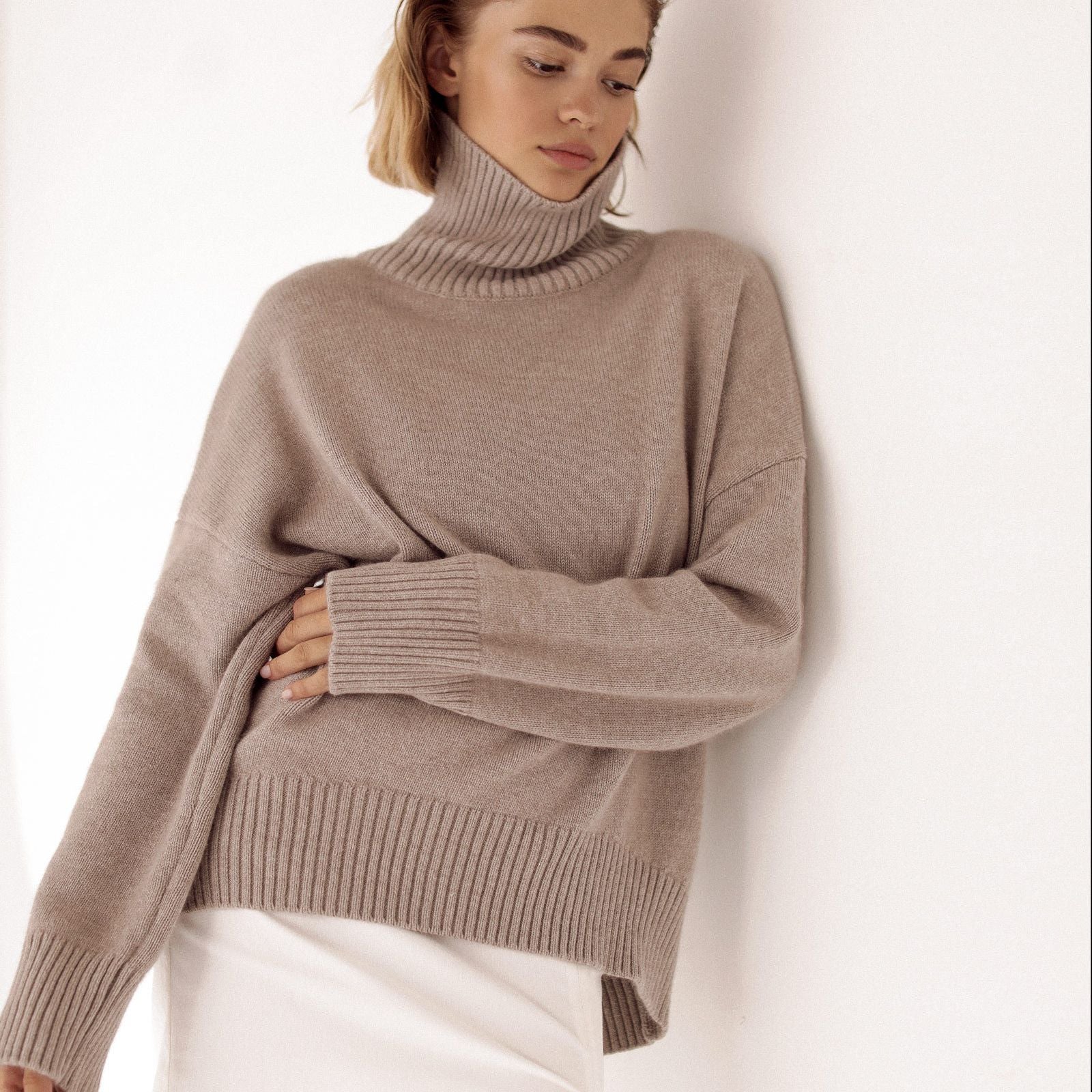 Yani Casual Turtleneck Sweaters BEIGE/BLACK M - SALE