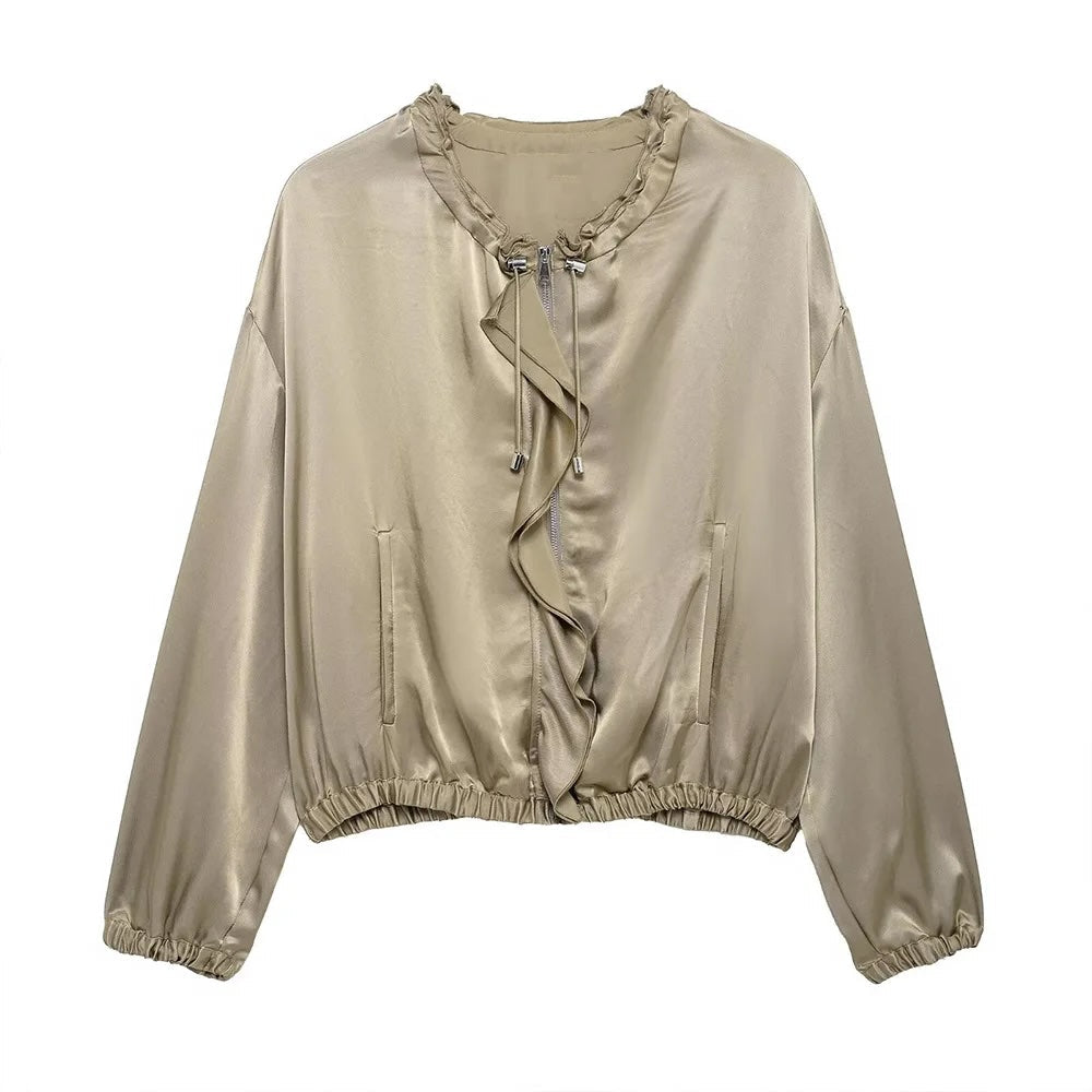 Yelena Satin Ruffle Bomber Jacket