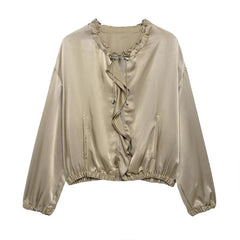 Yelena Satin Ruffle Bomber Jacket