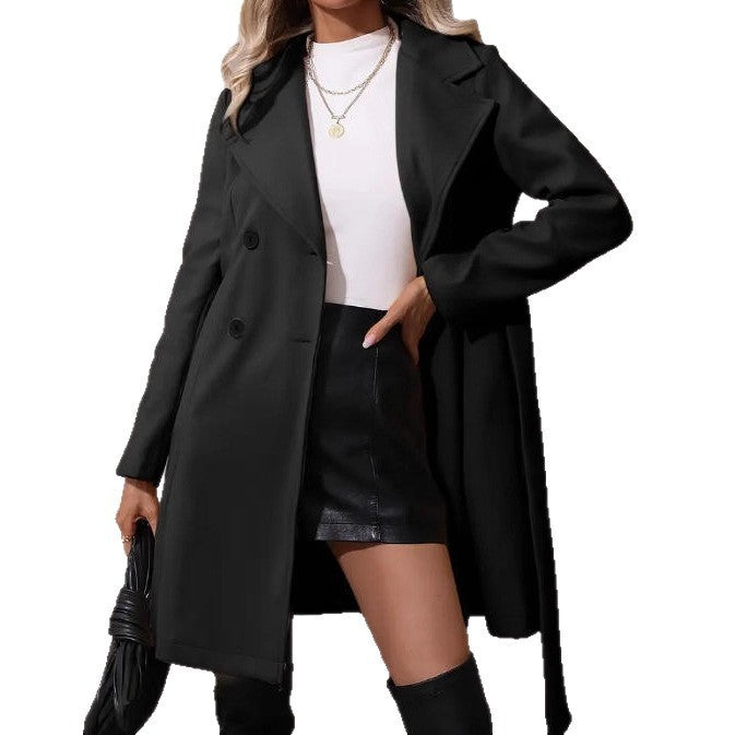 Elegant Lace-up Solid Color Slim-fit Woolen Coat