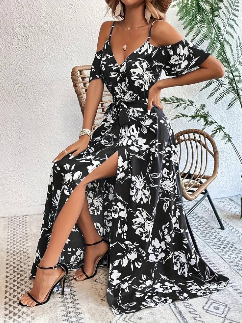 Ins Off-Shoulder Split Dress Floral Print Suspender Long Dresses With Belt Design Beach Clothing
