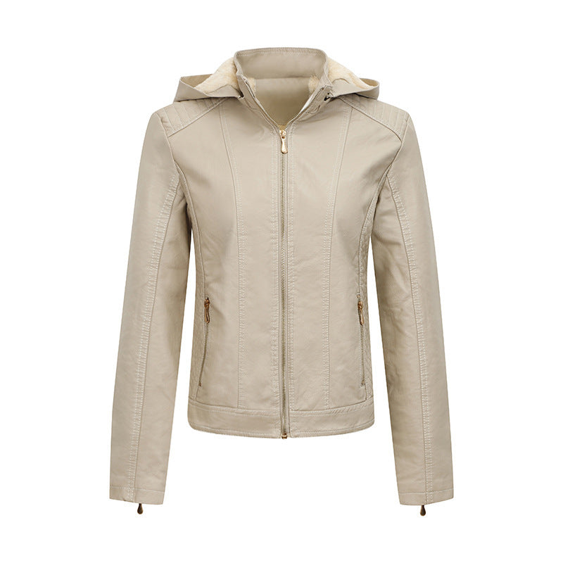 Plush Thickened Hooded Coat Slim Zipper Leather Jacket With Pockets Long Sleeve Outwear Tops For Womens Clothing