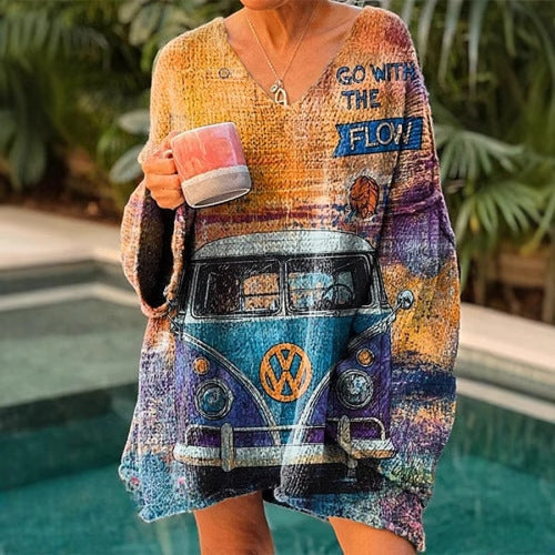 Elegant Digital Printing Casual Loose Sweater Dress