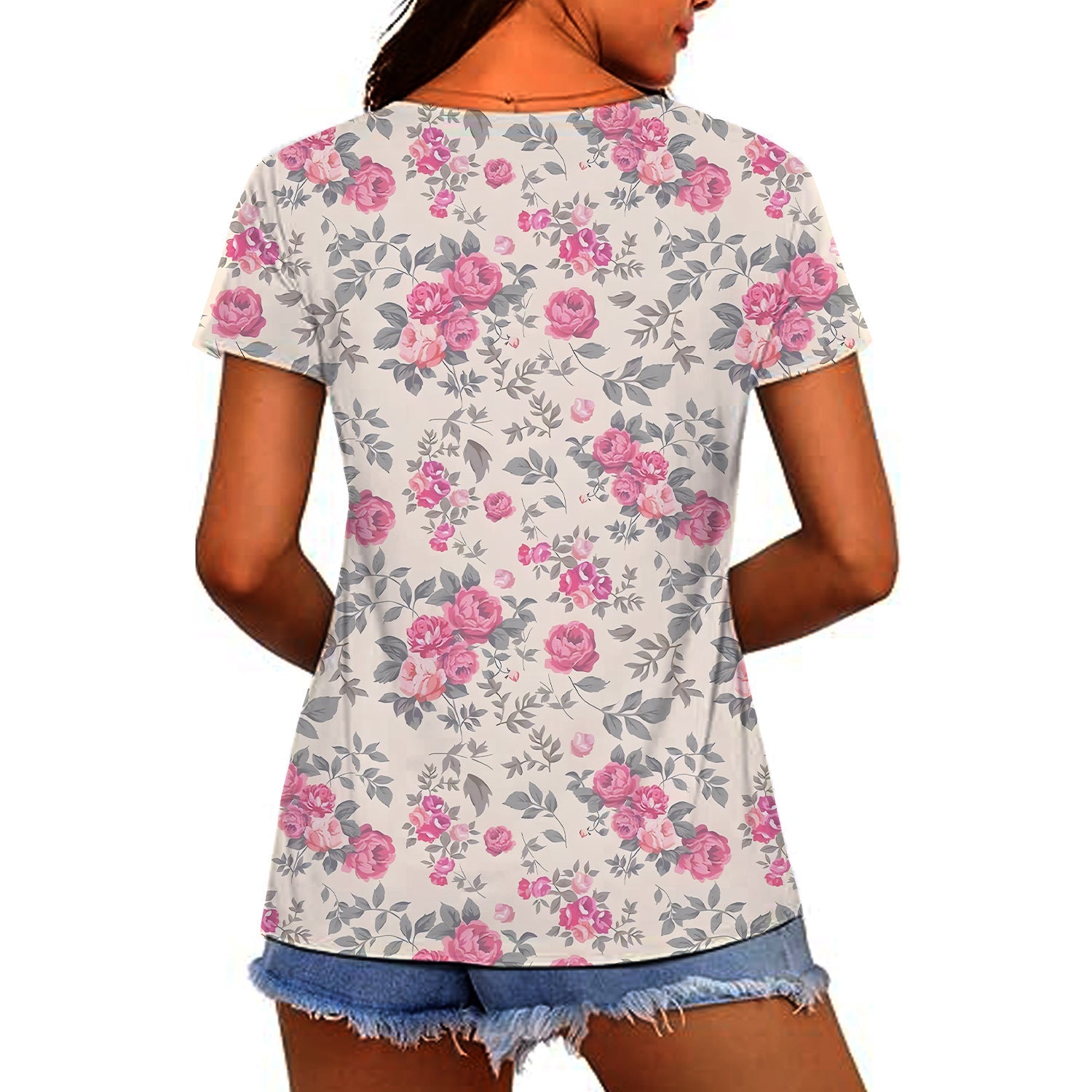 T-shirt, Natural Plant And Floral Print, Casual V-neck Short Sleeves