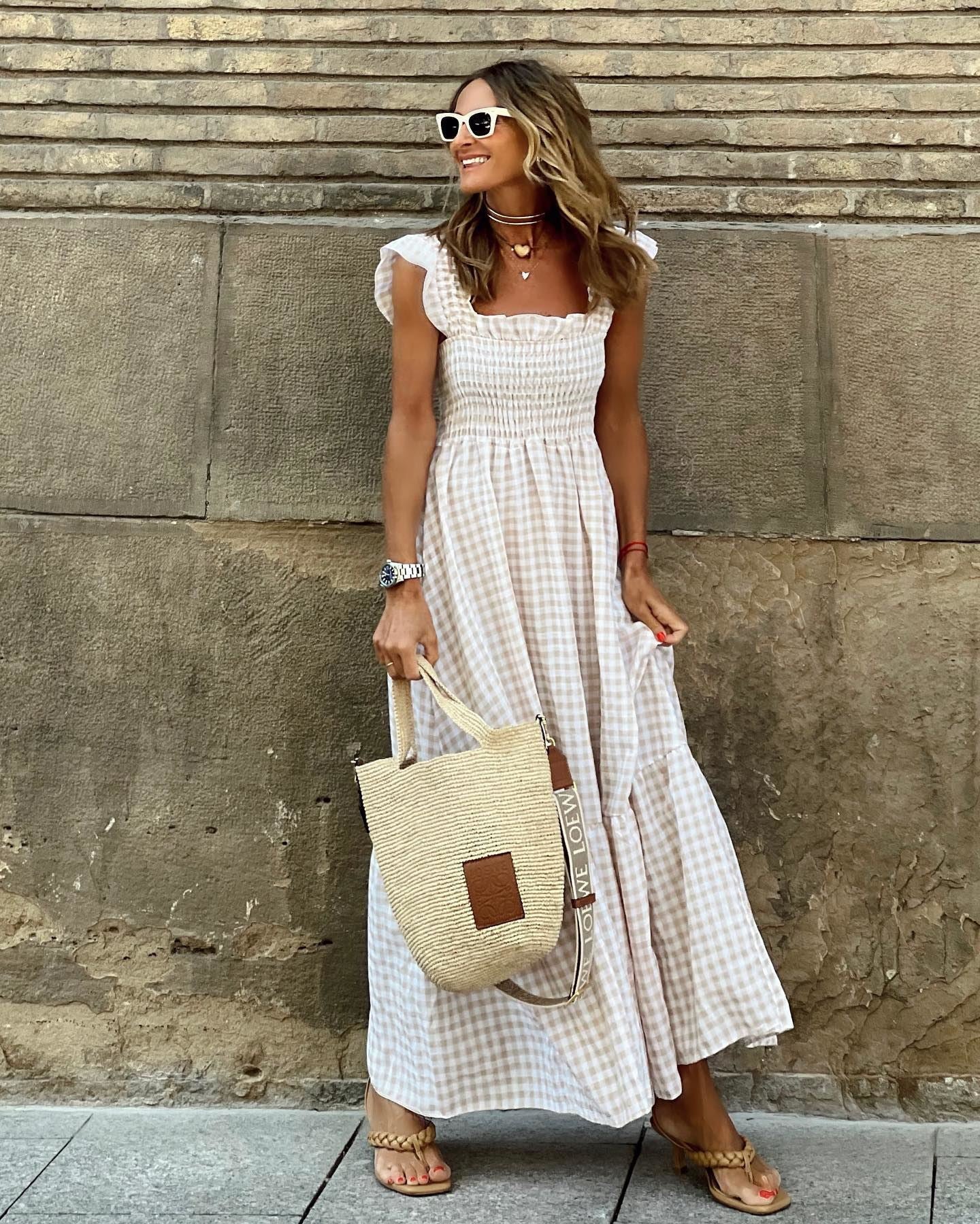 Plaid Print Pleated Ruffle Dress INS Sleeveless A-line Swing Beach Dress Clothing