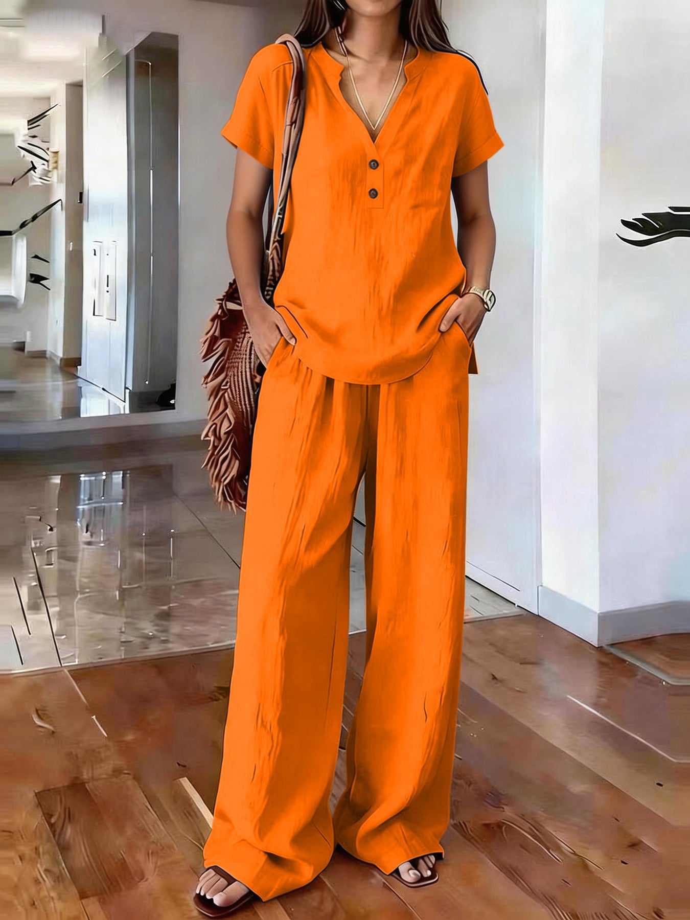 Casual Solid-Colored Cotton And Linen Set