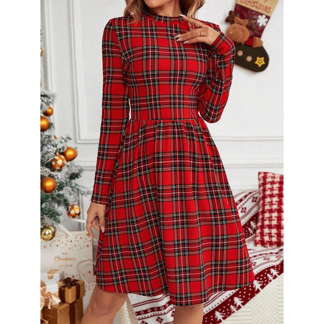 High Collar Long Sleeve Dress Christmas Style