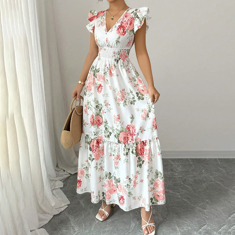 Womens Casual Maxi Dress Flutter Short Sleeve V Neck Smocked A Line Flowy Beach Vacation Long Dresses
