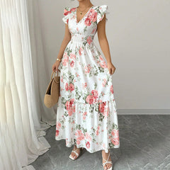Womens Casual Maxi Dress Flutter Short Sleeve V Neck Smocked A Line Flowy Beach Vacation Long Dresses