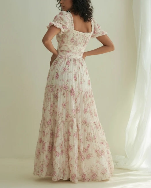 Floral Smocked Bodice Puff Sleeve Maxi Dress