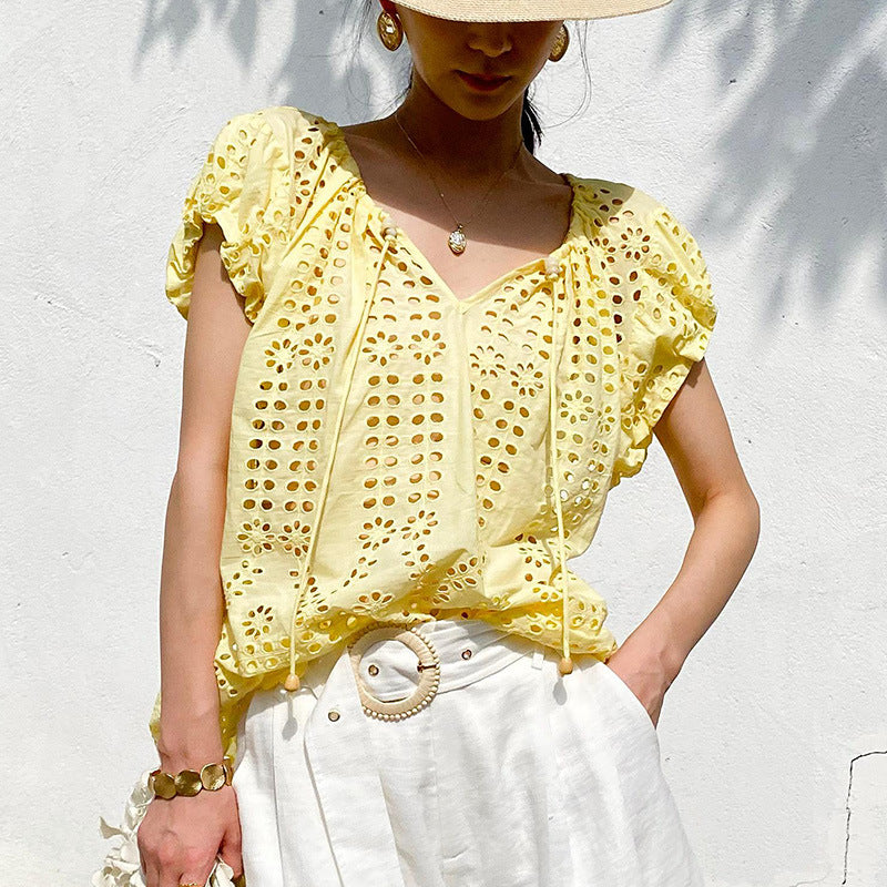 Vacation Style Embroidered Top Short Sleeve French Style Design