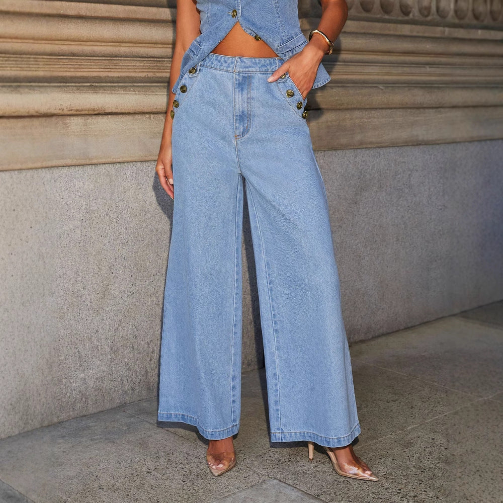 Denim Vest Suits Sleeveless Button Tops And Wide Leg Straight Pants With Pockets Trousers Set