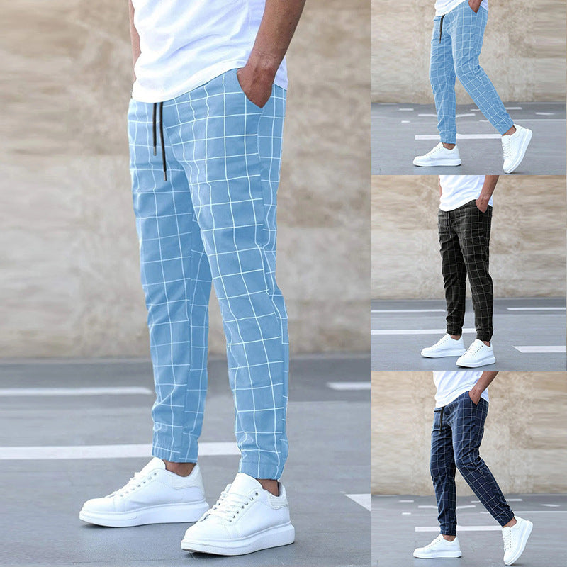 Plaid Print Pants Casual Drawstring Trousers Men's Clothing