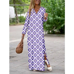 Geometric Printed V-neck Long Dress Long Sleeve Slit Dresses For Women