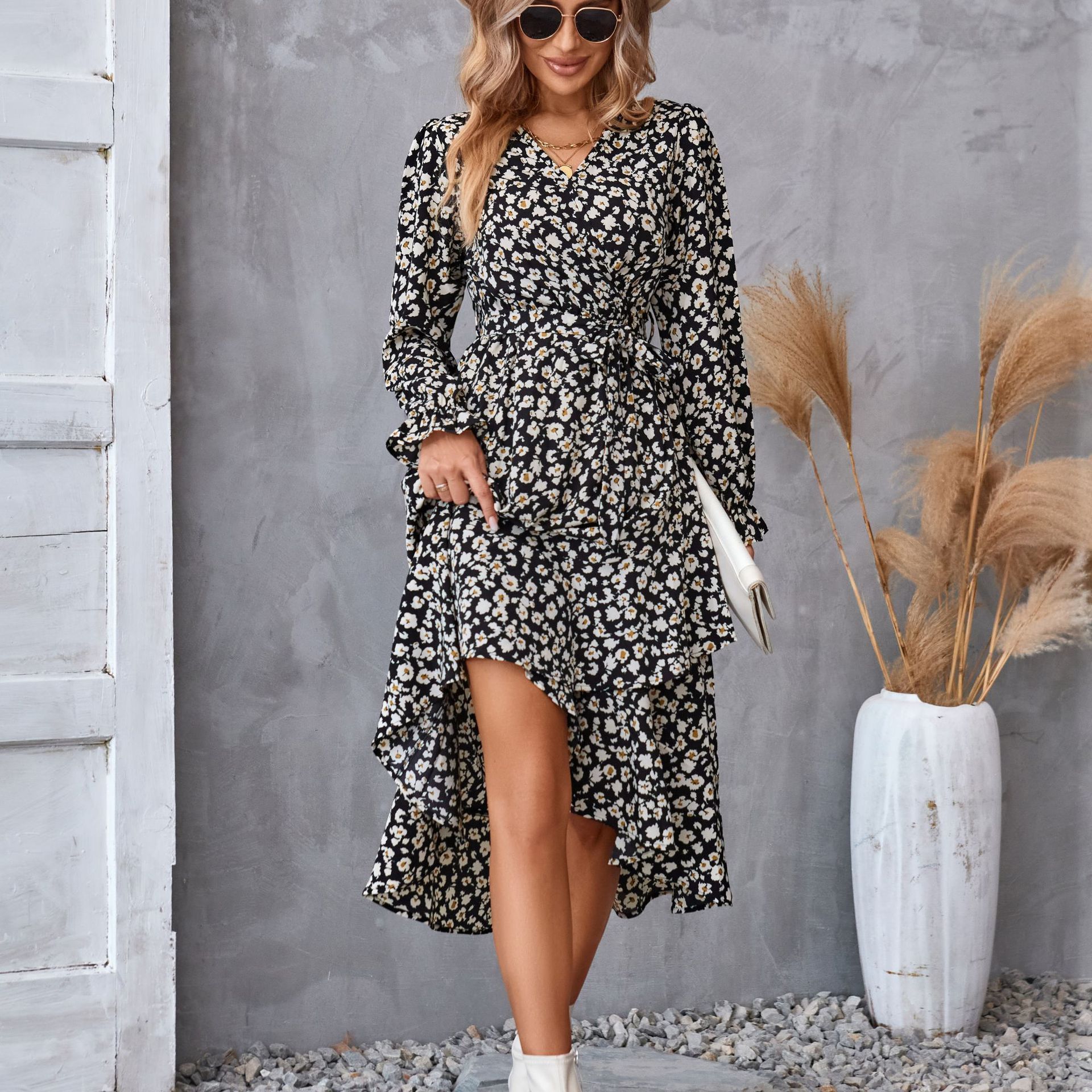 Flowers Print Long Sleeve Dress Ruffled Commuter Temperament Dresses Womens Clothing
