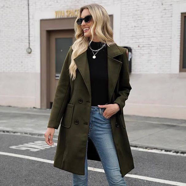 Korean Style Slim Mid-length Double Breasted Turn-down Collar Coat