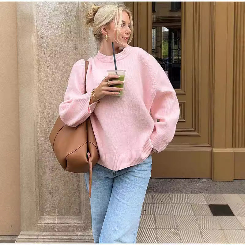 Sweet Crew Neck Pullover Sweater Loose Long-sleeved Tops For Clothing