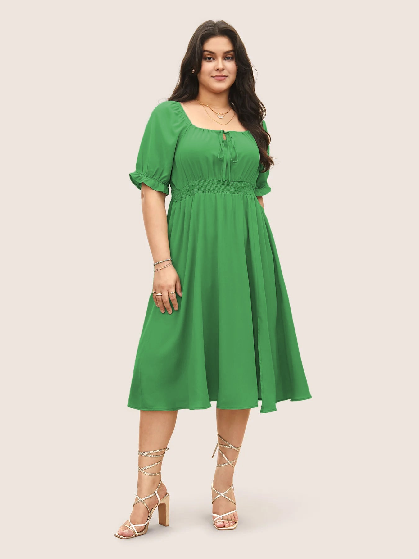 Retro Square-Neck Puff-Sleeve Waist-Cinched Slimming Green Midi Dress