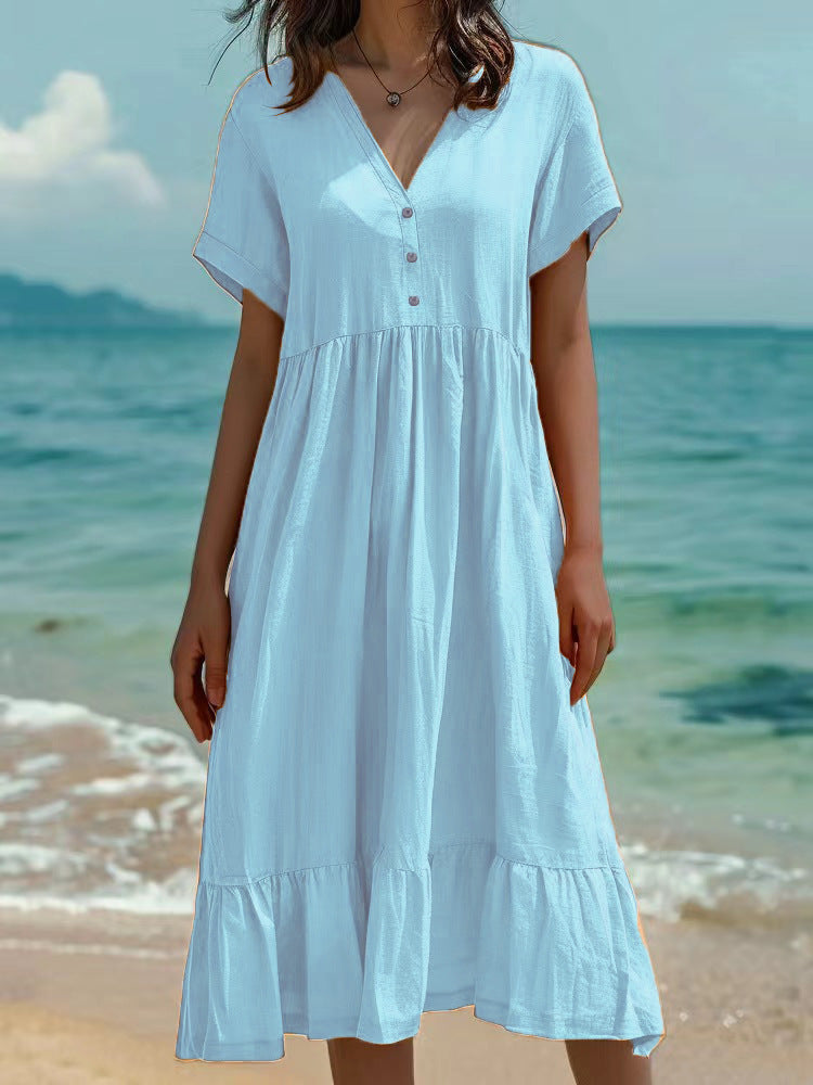 Solid-color Short-sleeve Pleated Dress