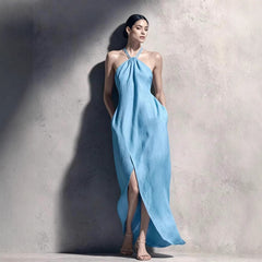 Womens Cinched Waist Side-Slit Halter Dress