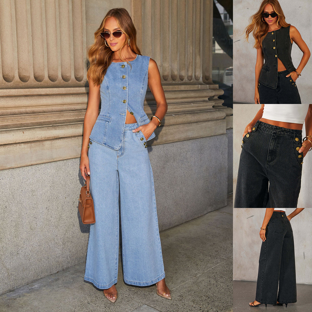 Denim Vest Suits Sleeveless Button Tops And Wide Leg Straight Pants With Pockets Trousers Set