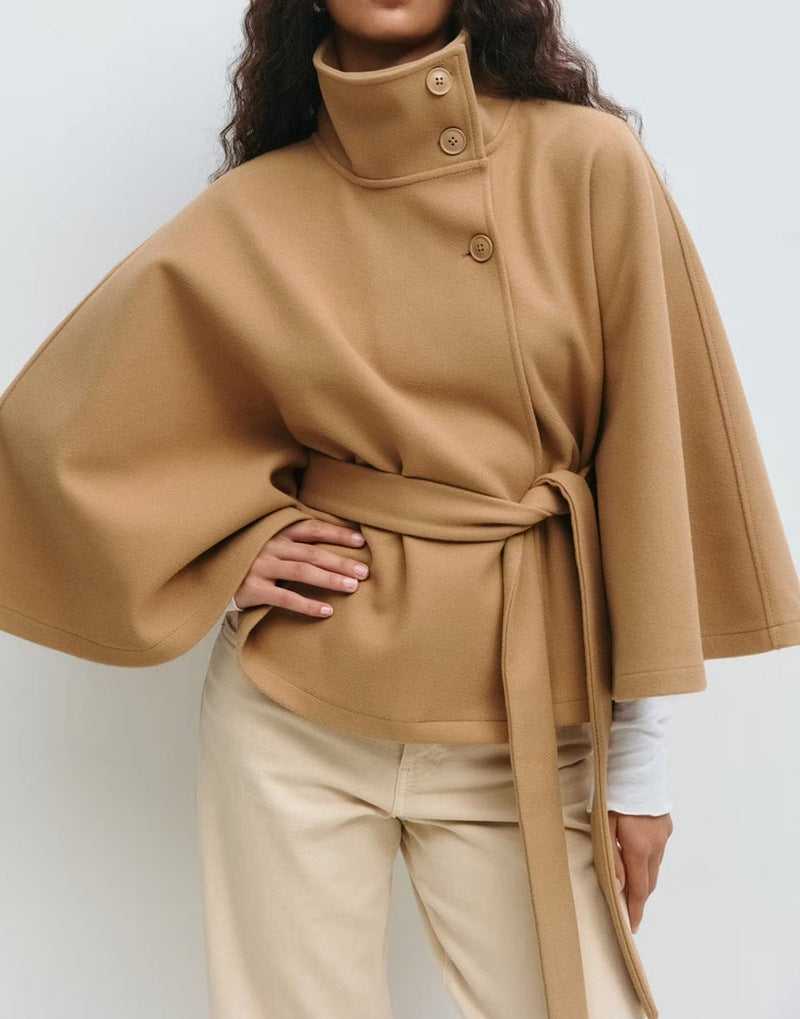 High Neck Batwing Sleeve Coat With Belt Loose Elegant Button Top Trench Coat For Clothing
