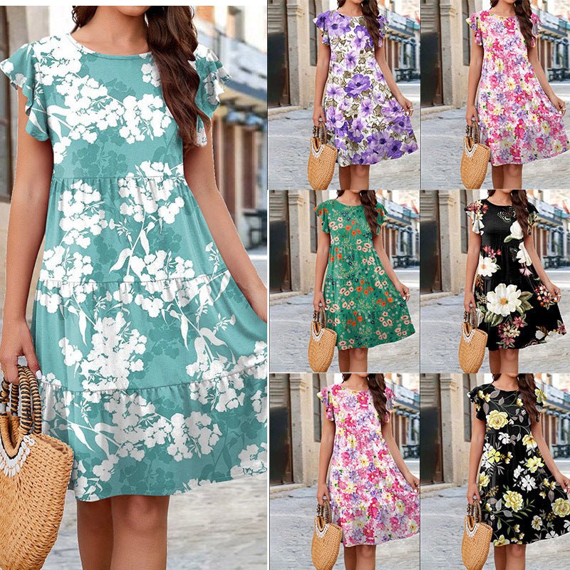 Ruffle Sleeve Dress Loose Flower Print Beach Dresses Sweet Skirt Women