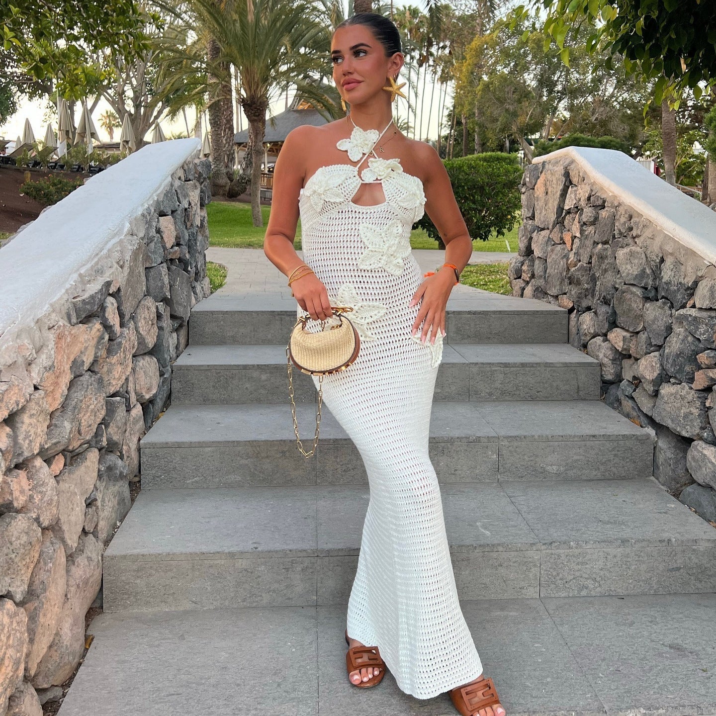 Slim Halterneck Dress With Stars Seaside Beach Long Dresses Womens Clothing