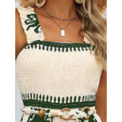 Boho Jumpsuits One Piece Beach Vacation Outfits Shirred Strap Wide Leg Pants Rompers With Pockets