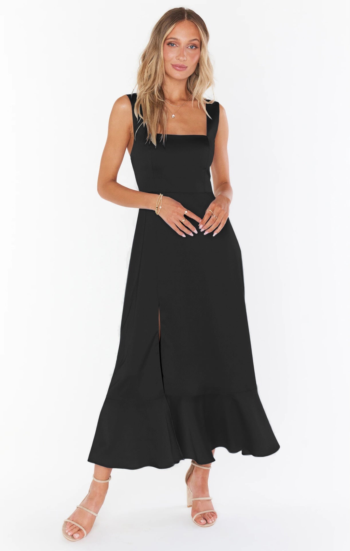 Dresses Elegant Bridesmaid Square Neck Ruffle Split Midi Formal Dress For Wedding Guest Cocktail Party
