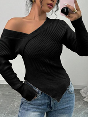 Off The Shoulder Soft Stretch Wrap Around Asymmetrical Ribbed Sweater