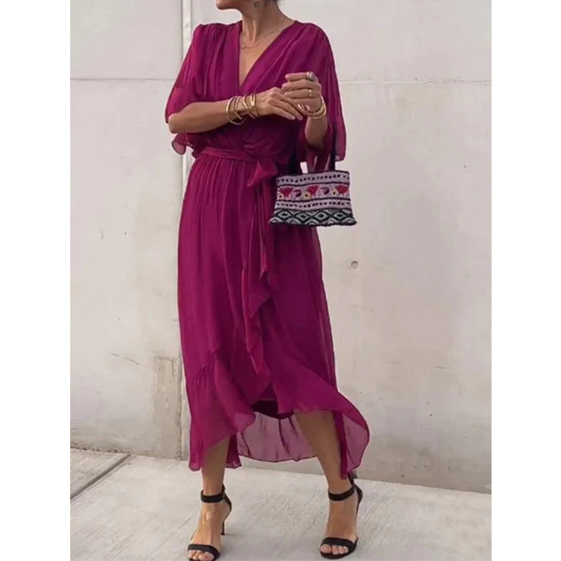 Batwing Sleeve V-neck Dress Pure Color Tied Irregular Long Dresses Womens Clothing